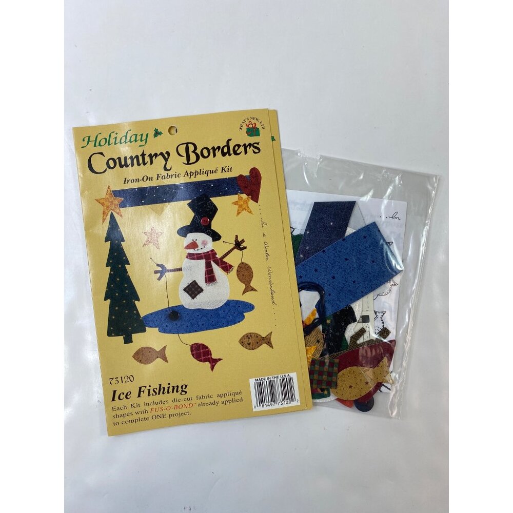 Holiday Country Borders Iron-On Fabric Appliqué Kit "Ice Fishing" Snowman Tree